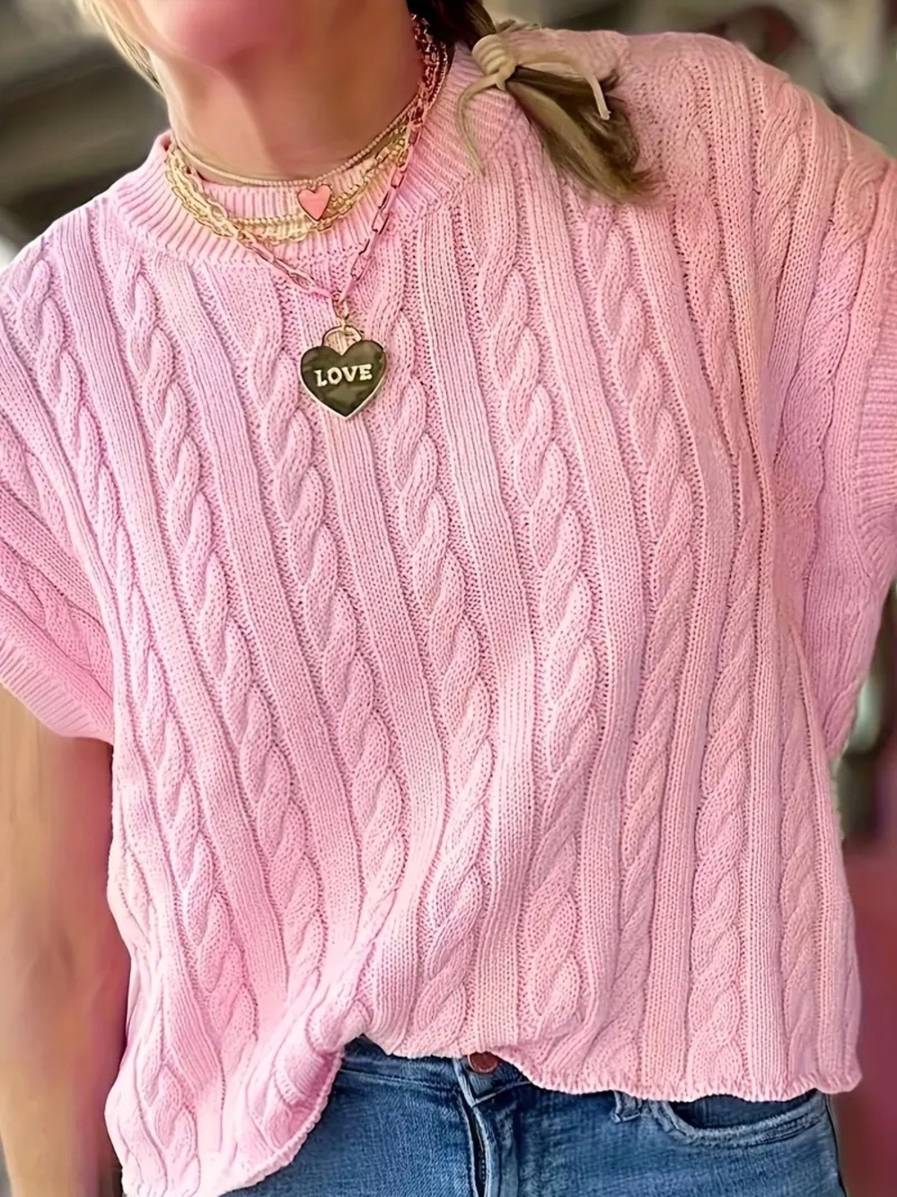 Pink Cable Knit Short Sleeve Sweater